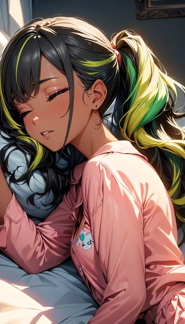 (highest quality:1.2, Very detailed, up to date, Vibrant, Ultra-high resolution, High Contrast, masterpiece:1.2, highest quality, Best aesthetics), Portraiture、girl、Bright colors、Beautiful fine details、Beautiful lip detail、long hair、ponytail, white and yellow green ((streaked hair:1.6)), highlights hair: 1.5, (small breast,:1) (tan skin:1.1), 、sleeping on the bed, pajamas