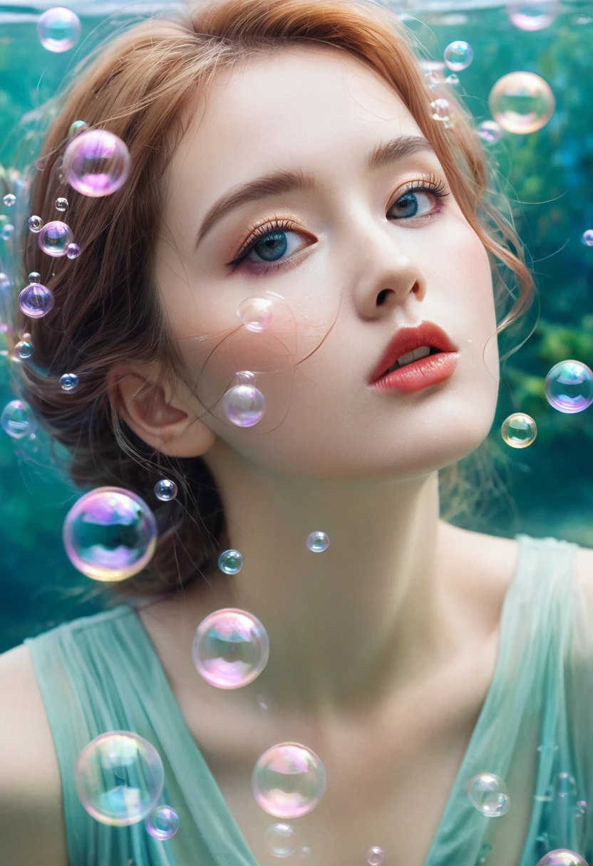 A painting,The painting shows a woman in a dress blowing bubbles, Loish and Wallop, ethereal bubbles, Mobis + Loish + Wallop, Dreamy and detailed, intricate Wallop, closeup fantasy with water magic, fairytale artwork, fairytale painting, Anna Dittmann (Anna Dittmann) style, Wallop art, Realistic fantasy, Artgerm Julie Bell Beeple