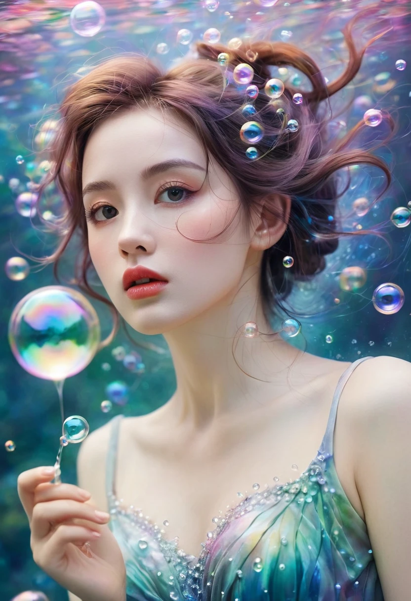 A painting,The painting shows a woman in a dress blowing bubbles, Loish and WLOP, ethereal bubbles, Mobis + Loish + WLOP, Dreamy and detailed, intricate WLOP, closeup fantasy with water magic, fairytale artwork, fairytale painting, Anna Dittmann (Anna Dittmann) style, WLOP art, Realistic fantasy, Artgerm Julie Bell Beeple