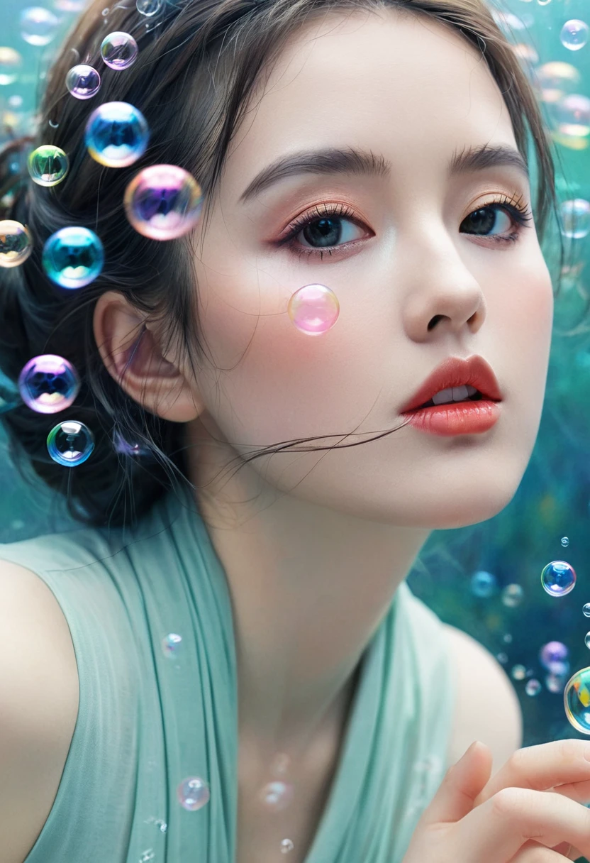 A painting,The painting shows a woman in a dress blowing bubbles, Loish and Wallop, ethereal bubbles, Mobis + Loish + Wallop, Dreamy and detailed, intricate Wallop, closeup fantasy with water magic, fairytale artwork, fairytale painting, Anna Dittmann (Anna Dittmann) style, Wallop art, Realistic fantasy, Artgerm Julie Bell Beeple