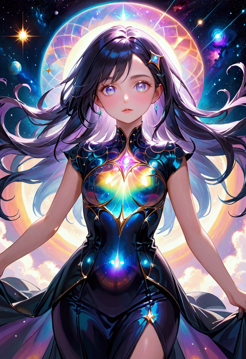 (masterpiece), best quality, expressive eyes, perfect face, Girl,long dark iridescent hair, iridescent eyes, small waist, medium chest, large hips,cosmic aura, divine dress