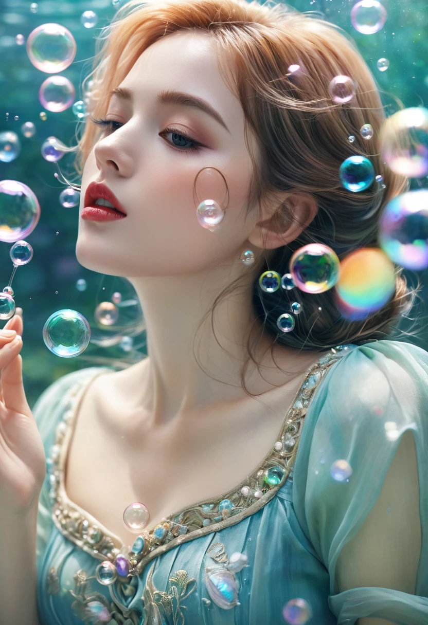 A painting,The painting shows a woman in a dress blowing bubbles, Loish and Wallop, ethereal bubbles, Mobis + Loish + Wallop, Dreamy and detailed, intricate Wallop, closeup fantasy with water magic, fairytale artwork, fairytale painting, Anna Dittmann (Anna Dittmann) style, Wallop art, Realistic fantasy, Artgerm Julie Bell Beeple