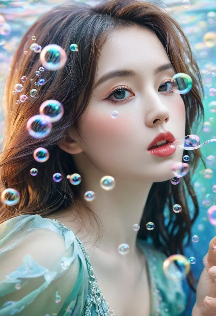 A painting,The painting shows a woman in a dress blowing bubbles, Loish and Wallop, ethereal bubbles, Mobis + Loish + Wallop, Dreamy and detailed, intricate Wallop, closeup fantasy with water magic, fairytale artwork, fairytale painting, Anna Dittmann (Anna Dittmann) style, Wallop art, Realistic fantasy, Artgerm Julie Bell Beeple