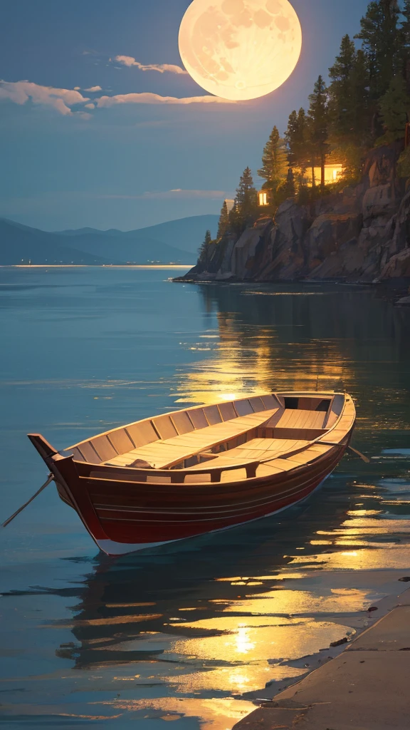 "Create a serene scene featuring a boat gently drifting on a calm sea, illuminated by the soft, glowing light of a full moon reflecting on the water's surface."