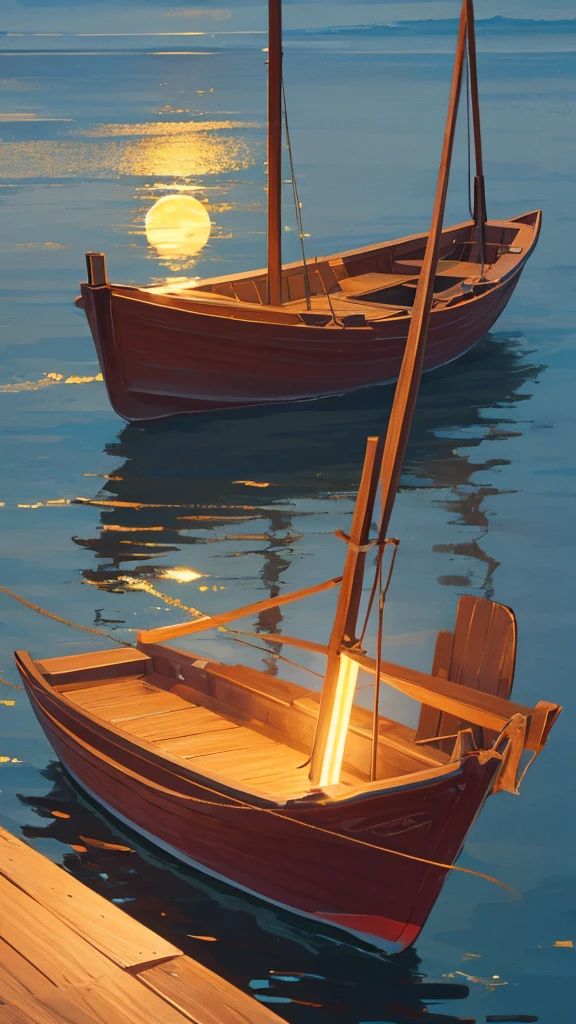 "Create a serene scene featuring a boat gently drifting on a calm sea, illuminated by the soft, glowing light of a full moon reflecting on the water's surface."