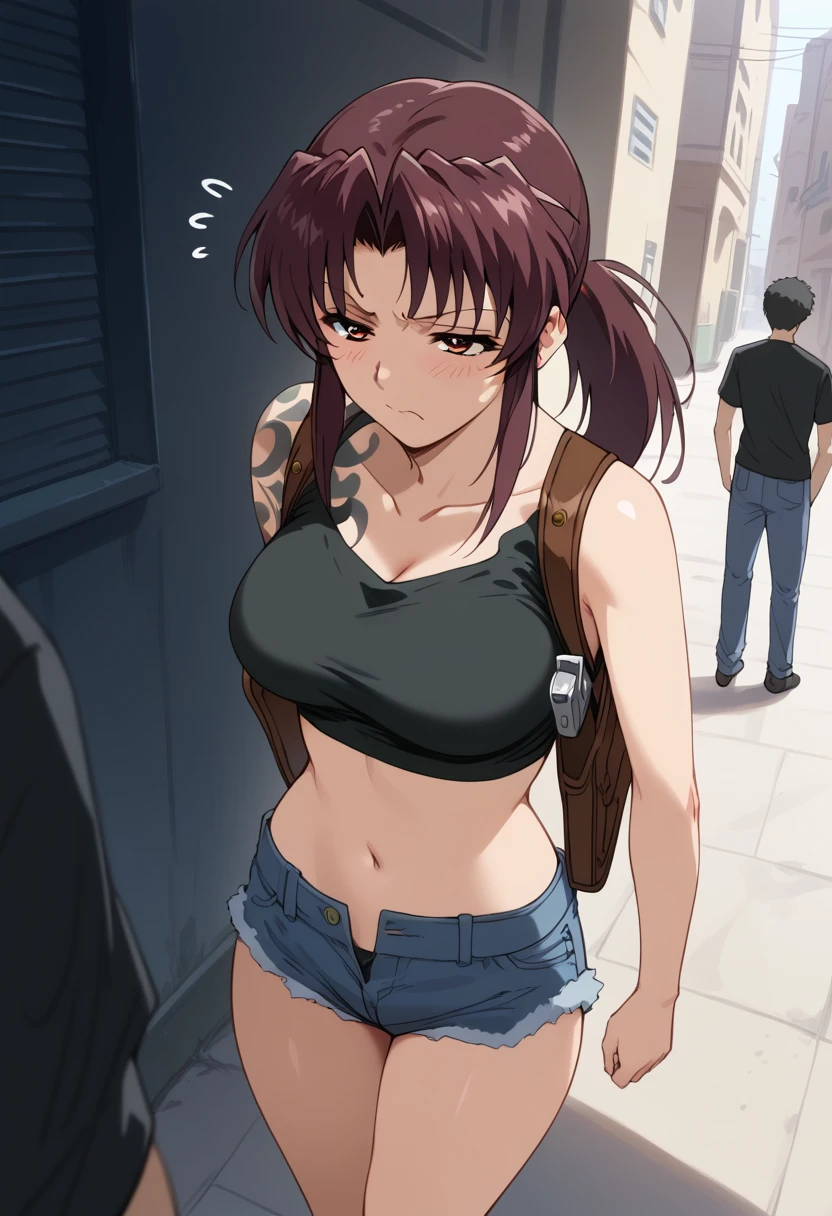 score_9, score_8_up, score_7_up, rating_explicit, masterpiece, best quality,high quality,highres,very aesthetic, absurdres, high detailed,optimal lightning,4k,8k wallpaper, source_anime, uncensored,official art, official style, megami magazine,BREAK,1girl,Revy,medium breasts, long hair, brown hair, brown eyes, ponytail,black crop top,  short shorts, denim, blue shorts,unamused,confused,disappointed,embarrassed,[half closed eyes],kabedon,rub penis,against wall,BREAK,faceless male,standing,covered penis,BREAK,from above,alley,