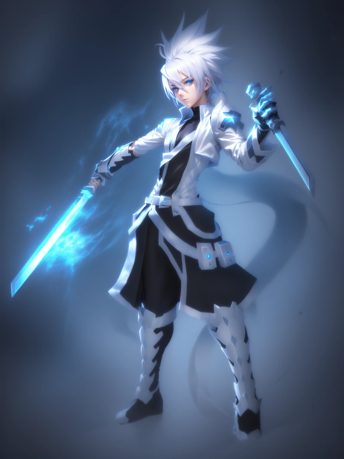 sketches of a drawing of a androgynous young boy with 2 swords, Kilua from hunter x hunter, an anime drawing, detailed fanart, hero 2d fanart artsation, ( ( character concept art ) ), anime drawing, game art!!, with out shading, anime shading), dramatic wielding sword pose, anime shading, white hair, glowing blue eyes, pale skin, black and blue clothing, metallic accents