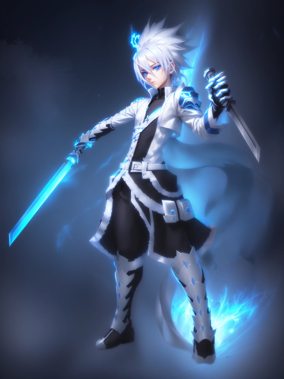 sketches of a drawing of a androgynous young boy with 2 swords, Kilua from hunter x hunter, an anime drawing, detailed fanart, hero 2d fanart artsation, ( ( character concept art ) ), anime drawing, game art!!, with out shading, anime shading), dramatic wielding sword pose, anime shading, white hair, glowing blue eyes, pale skin, black and blue clothing, metallic accents