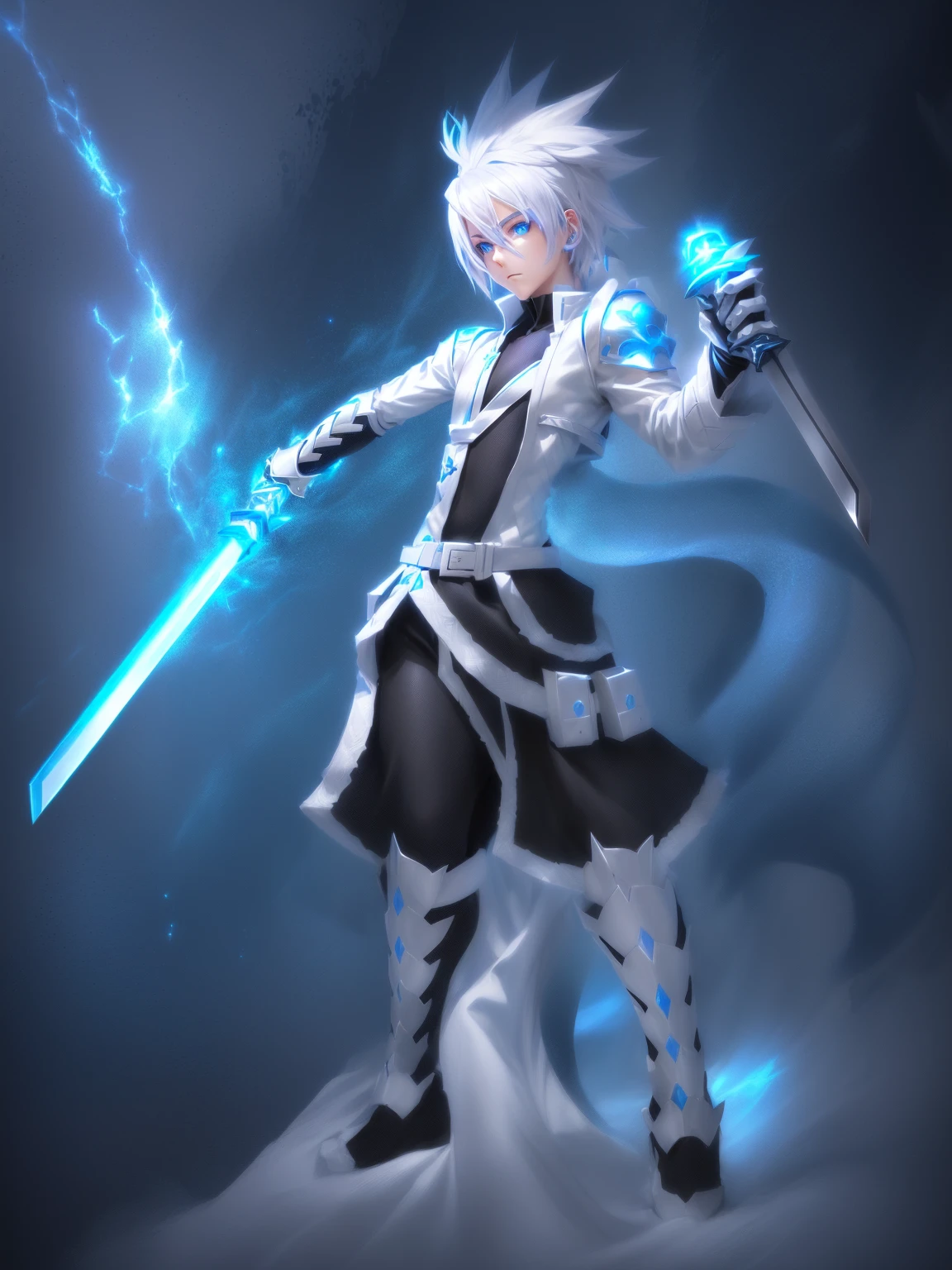 sketches of a drawing of a androgynous young boy with 2 swords, Kilua from hunter x hunter, an anime drawing, detailed fanart, hero 2d fanart artsation, ( ( character concept art ) ), anime drawing, game art!!, with out shading, anime shading), dramatic wielding sword pose, anime shading, white hair, glowing blue eyes, pale skin, black and blue clothing, metallic accents