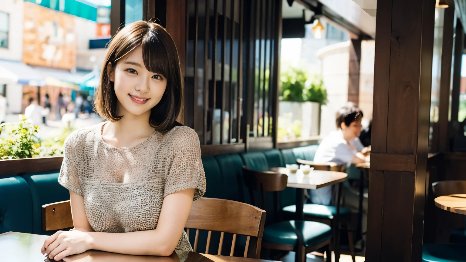 super high quality, Slenderのネックレス, Slender, Gravure photoshoot, The staff is working at the counter in the back., (8K、RAW Photos、Highest quality、masterpiece:1.2), Japanese Idol, Sportswear, Stylish café, The cafe is crowded with people enjoying themselves., (Realistic、Photorealistic:1.37), Mesh Hair, Urban Cafe, Golden Ratio, Raw photo, Cute face , Light Brown Hair, Small breasts, Bright cafe interior, Summer clothes, Cafe Terrace, Open Cafe, A kind smile, Hair blowing in the wind, Neat clothes, boyish, Very Short Hair, 18-year-old, younger sister, Stylish clothes,