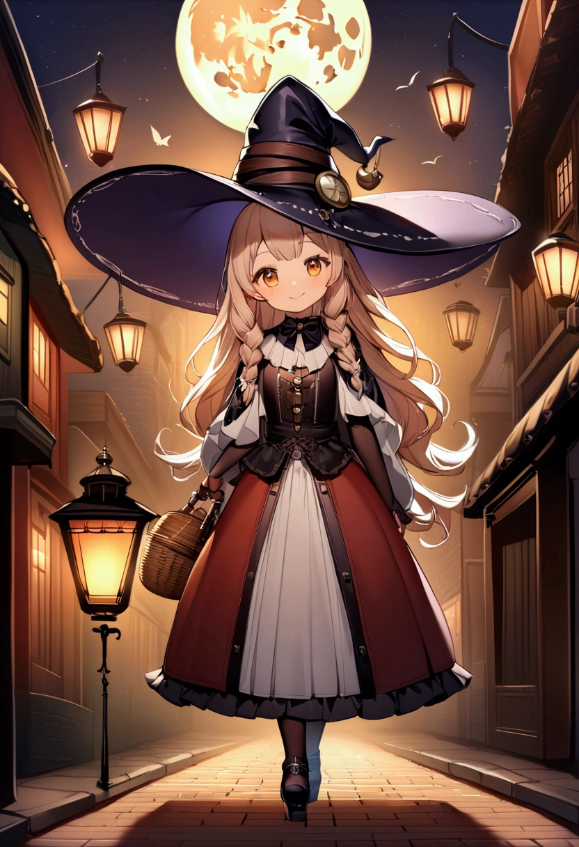 (Highest quality:1.5)。steampunk。One Girl。little cute witch。long light brown fluffy hair。Witch hat and witch costume。who should look&#39;Watching。(smile)。Carry a broom on your shoulder。Walking with a lantern in one hand。(The background is a night road illuminated by the full moon)。