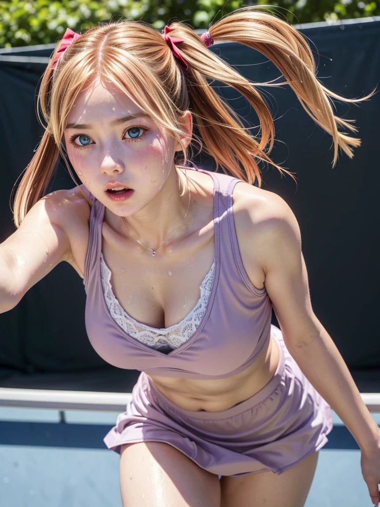 blue eyes, hair ornaments, Hair Ribbon,Show your forehead、Twin tails、 Random color tennis wear, clavicle, Thighs, blush,, Lace choker, short hair,,No bra,,Highly detailed skin, Highly detailed face, (beautiful Fine grain, the girl, Red cheeks), (A girl is standing), The girl is a cute 18-year-old tennis player., (Not wearing a bra, Knee socks、 The girl has a toned figure., Pink tennis wear, Sun visor,, Tennis court, ((I took the photo from the front、The girl contains the whole body)), flowing、Fine grain, Perfect functionality, ( Highest quality, good quality:1.4), Intricate details,Closely、Embarrassed expression、blush、Shining Sweat、Perfect Skin,Sweat is noticeable in the cleavage、、Thighsの汗が目立つ、 Fair skin,Tight waist, Sweating profusely、Sweaty hair、Sweaty clothes、Sweaty、Visible sweat、Sweat-soaked hair、Athlete System、Cherry blossom petals fluttering、Blonde、Silver Hair、Serve Form、Volley Form、Receive form