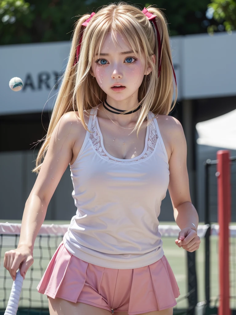 blue eyes, hair ornaments, Hair Ribbon,Show your forehead、Twin tails、 Random color tennis wear, clavicle, Thighs, blush,, Lace choker, short hair,,No bra,,Highly detailed skin, Highly detailed face, (beautiful Fine grain, the girl, Red cheeks), (A girl is standing), The girl is a cute 18-year-old tennis player., (Not wearing a bra, Knee socks、 The girl has a toned figure., Pink tennis wear, Sun visor,, Tennis court, ((I took the photo from the front、The girl contains the whole body)), flowing、Fine grain, Perfect functionality, ( Highest quality, good quality:1.4), Intricate details,Closely、Embarrassed expression、blush、Shining Sweat、Perfect Skin,Sweat is noticeable in the cleavage、、Thighsの汗が目立つ、 Fair skin,Tight waist, Sweating profusely、Sweaty hair、Sweaty clothes、Sweaty、Visible sweat、Sweat-soaked hair、Athlete System、Cherry blossom petals fluttering、Blonde、Silver Hair、Serve Form、Volley Form、Receive form