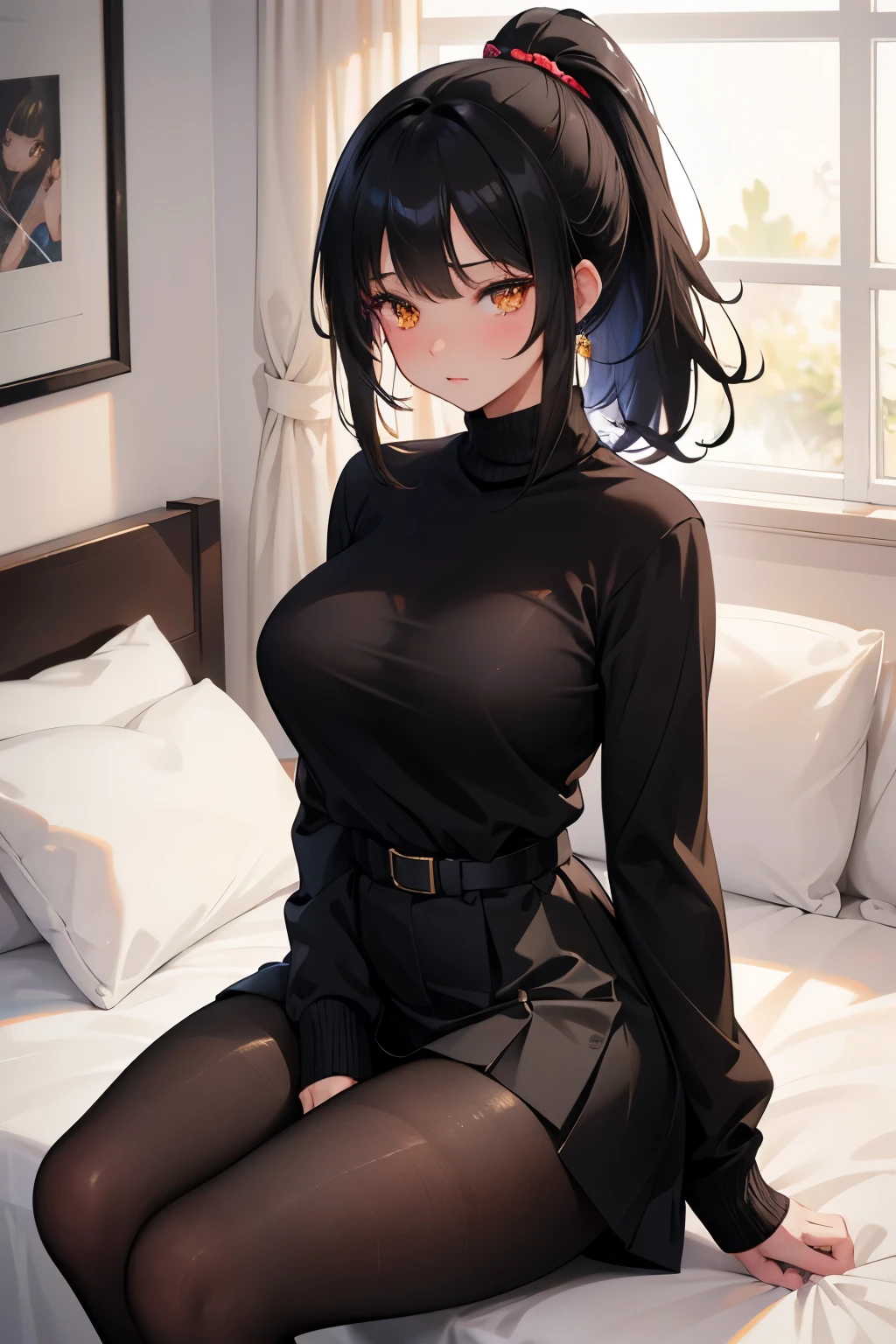 Digital Art, Digital Illustration, Ultra-detailed, beautiful image, Sharp Image, a close up of a woman in a short skirt and a black sweater, sweater tucked into skirt, nylon tights, trending at cgstation, anime barbie doll, sweater tucked into skirt, trending on cgstation, anime girl in real life, anime vtuber full body model, ((black hair color)),((dark tanned skin)), (((golden eyes))), high ponytail, ( ), (round breasts), on bed