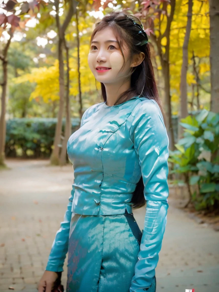 RAW photo, portrait of  gorgeous Burmese woman in the park, smiled, dark eyebrows, autumn vibes, vivid colours, intricate details, vivid colours, exquisite masterpiece, UHD, ultra detailed, award winning photography, captured using DSLR camera