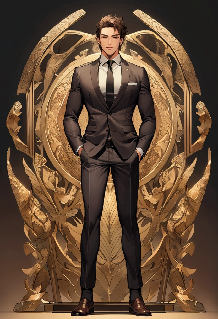 attractive 30 year old athletic man with short brown hair in Hugo boss business suit, full body shot