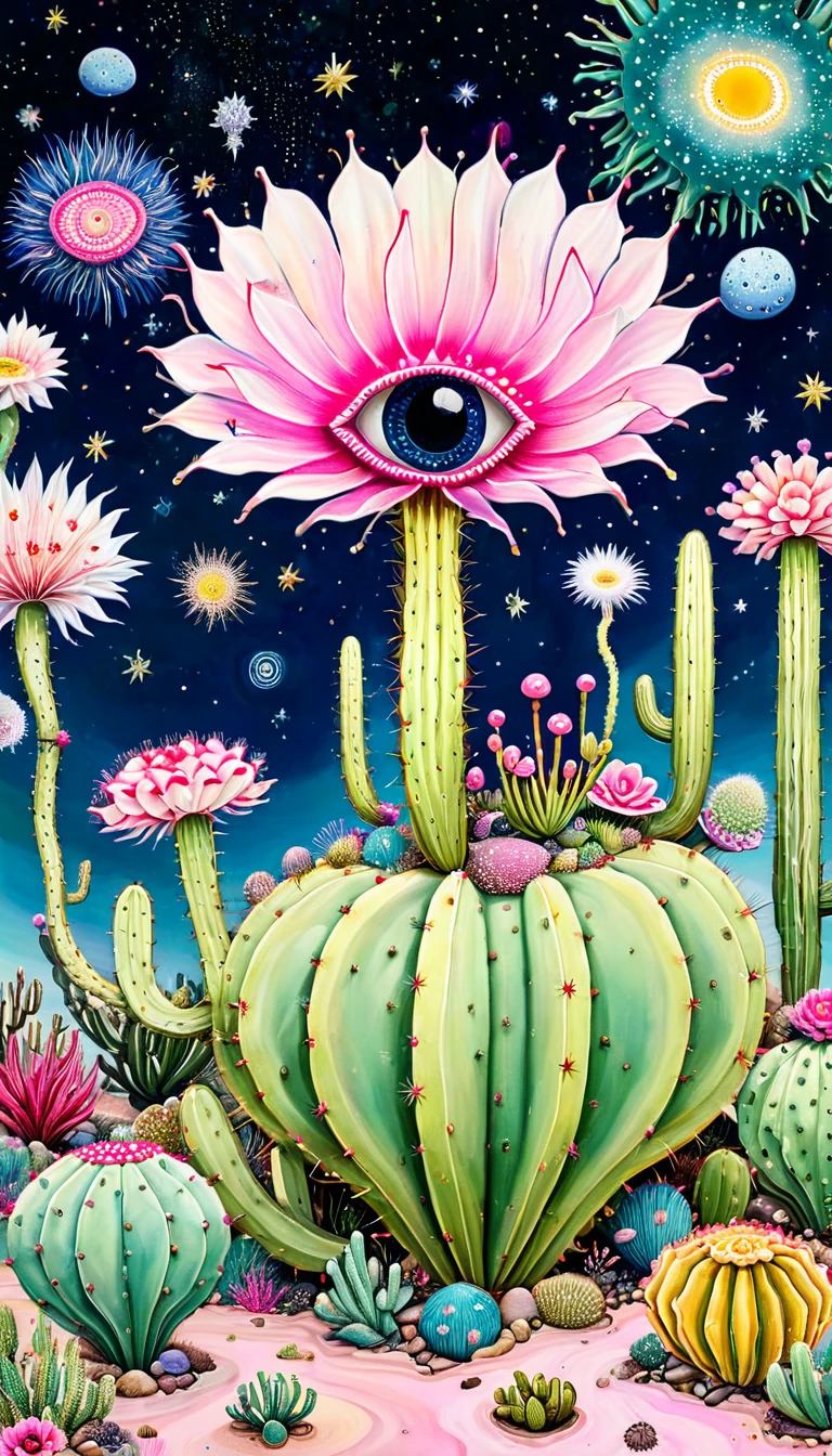 "Dick Ellescas Artist Style" Wide Desert,cactus,bacteria,Spore powder,Fungi,Marine Life,plant,flower,Tentacles,Eye、Starry Sky,Stitching together an abstract painting,Describing the inner world of autistic people,Sense of space,White Space,interesting,Innocence,Psychedelic Art,Pink theme
