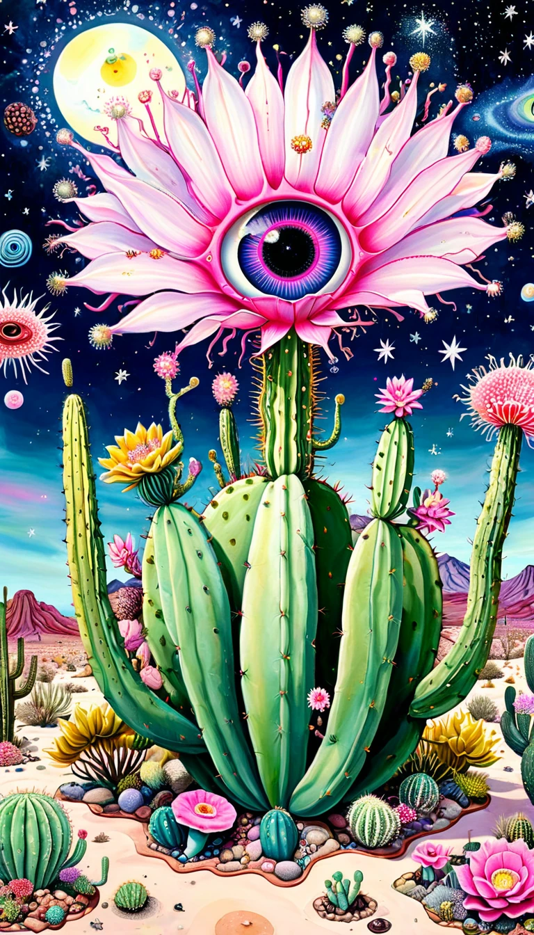 &quot;Dick Ellescas Artist Style&quot; Wide Desert，cactus，bacteria，Spore powder，Fungi，Marine Life，plant，flower，Tentacles，Eye、Starry Sky，Stitching together an abstract painting，Describing the inner world of autistic people，Sense of space，White Space，interesting，Innocence，Psychedelic Art，Pink theme