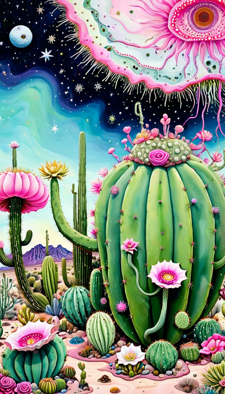 &quot;Dick Ellescas Artist Style&quot; Wide Desert，cactus，bacteria，Spore powder，Fungi，Marine Life，plant，flower，Tentacles，Eye、Starry Sky，Stitching together an abstract painting，Describing the inner world of autistic people，Sense of space，White Space，interesting，Innocence，Psychedelic Art，Pink theme