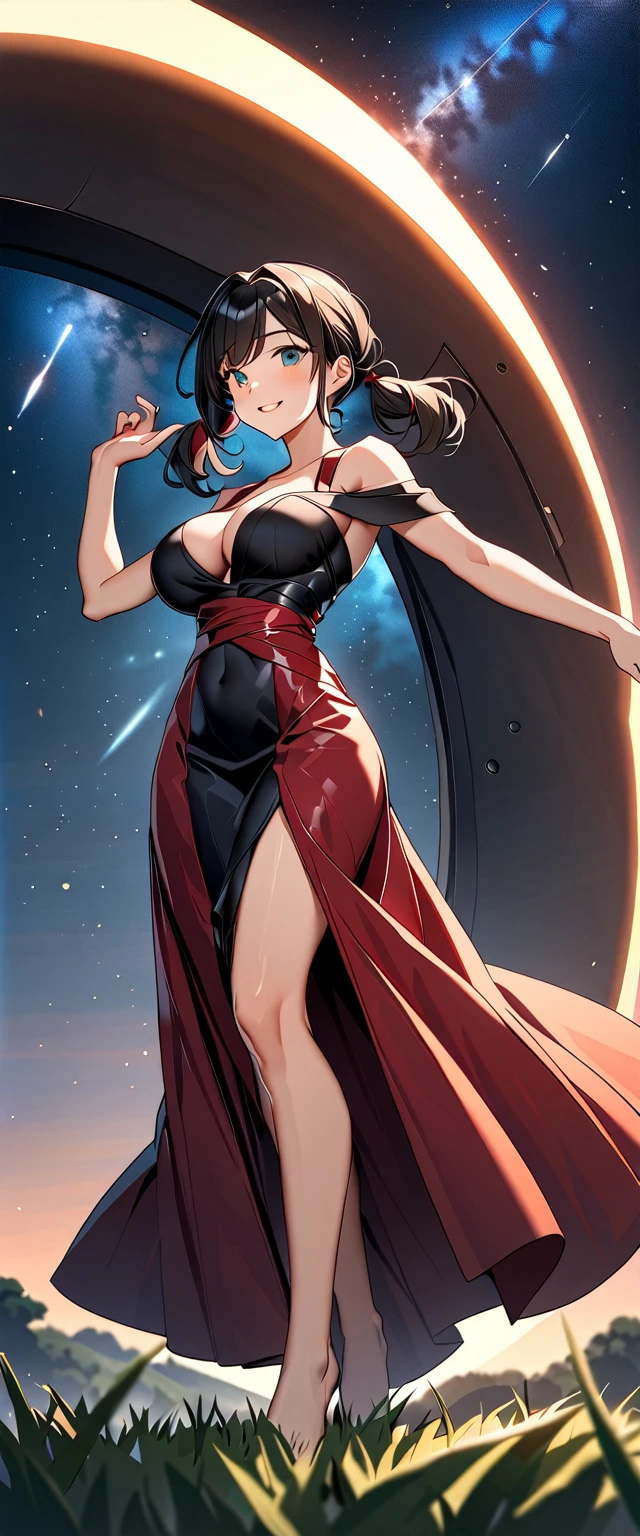 Photo of a woman with natural skin, Alluring, Cowboy Shot, Dynamic pose, Smiling, High Twintails, Black hair with red mesh, Sharp eyes with red eyeshadow, Shining eyes, A thin, upturned nose, Well-shaped lips, ((Black off-the-shoulder dress, Shoulder straps)), Big Breasts, barefoot, Makeup, Exquisitely crafted with the utmost attention to detail, Vibrant, amazing, Smooth, Cinematic, 4K, Backlight, ((A wide grassland with a beautiful starry sky)), Shallow depth of field, ((Detailed eyes:1.3, Detailed lips:1.3, high quality, )), masterpiece, Super detailed images, High quality