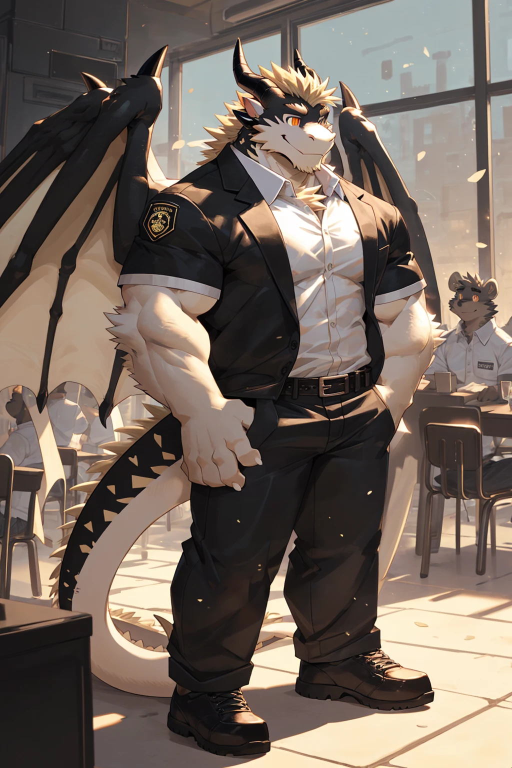 (sfw:1.5), male focus, security guard, Handsome 1boy, solitary，protrait photo, single, (Black eyebrows:1.2), (White nails, White Paws:1.4), (Light blond hair:1.5), (Black and gold dragon wings, Huge black and gold dragon wings:1.3), Black skin, (Black and gold tail:1.4), (Black horn, Black curved corners:1.4), (Black body:1.4), (All black:1.4), (Pale blond chin, Pale golden neck:1.4), Pale golden chest, Light blond chest hair, (perfect golden eyes:1.4), (Black scales:1.3), (Black Hands, Black Hands臂, Black Hands指:1.4), (Black forehead:1.4), 
Western Dragon, dragon, dragon boy, dragon body, feet, (big eyes, large eyes:1.4), (Chubby face, The body is huge, Larger face:1.3), 
(Black short sleeve, White short-sleeved shirt, Black pants, Black short shoes, Black leather belt:1.4), 
(full body:1.3), (Mature men:1.4), (Strong body, muscle,Strong male:1.3), (Thick arms:1.3), (Standing:1.4), (Looking at the audience, Focus, Eyes gaze:1.2), (Smile:1.4), 
full background,ground, Blue sky, White Cloud, ground, School, School大门, security guard亭,
, Mysterious and romantic atmosphere, Caustic lines(refraction, polarization)Perfect anatomical structure, absurd, Detailed background, (Delicate eyes:1.3),Printing style。((artist:Takemoto Arashi))