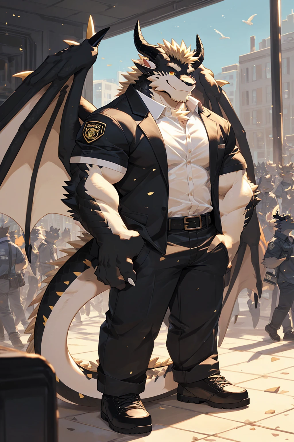 (sfw:1.5), male focus, security guard, Handsome 1boy, solitary,protrait photo, single, (Black eyebrows:1.2), (White nails, White Paws:1.4), (Light blond hair:1.5), (Black and gold dragon wings, Huge black and gold dragon wings:1.3), Black skin, (Black and gold tail:1.4), (Black horn, Black curved corners:1.4), (Black body:1.4), (All black:1.4), (Pale blond chin, Pale golden neck:1.4), Pale golden chest, Light blond chest hair, (perfect golden eyes:1.4), (Black scales:1.3), (Black Hands, Black Hands臂, Black Hands指:1.4), (Black forehead:1.4),
Western Dragon, dragon, dragon boy, dragon body, feet, (big eyes, large eyes:1.4), (Chubby face, The body is huge, Larger face:1.3),
(Black short sleeve, White short-sleeved shirt, Black pants, Black short shoes, Black leather belt:1.4),
(full body:1.3), (Mature men:1.4), (Strong body, muscle,Strong male:1.3), (Thick arms:1.3), (Standing:1.4), (Looking at the audience, Focus, Eyes gaze:1.2), (Smile:1.4),
full background,ground, Blue sky, White Cloud, ground, School, School大门, security guard亭,
, Mysterious and romantic atmosphere, Caustic lines(refraction, polarization)Perfect anatomical structure, absurd, Detailed background, (Delicate eyes:1.3),Printing style。((artist:Takemoto Arashi))