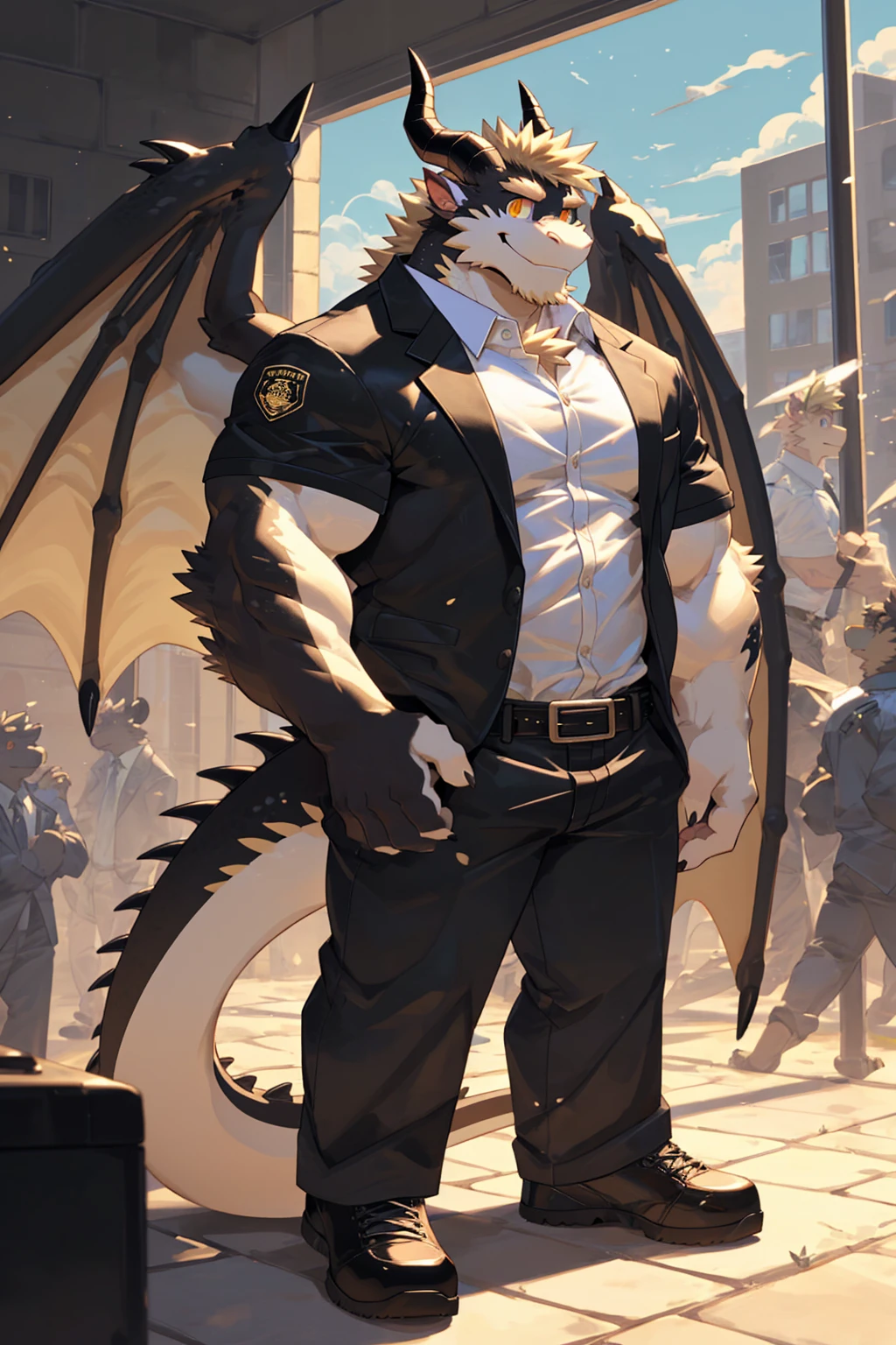 (sfw:1.5), male focus, security guard, Handsome 1boy, solitary,protrait photo, single, (Black eyebrows:1.2), (White nails, White Paws:1.4), (Light blond hair:1.5), (Black and gold dragon wings, Huge black and gold dragon wings:1.3), Black skin, (Black and gold tail:1.4), (Black horn, Black curved corners:1.4), (Black body:1.4), (All black:1.4), (Pale blond chin, Pale golden neck:1.4), Pale golden chest, Light blond chest hair, (perfect golden eyes:1.4), (Black scales:1.3), (Black Hands, Black Hands臂, Black Hands指:1.4), (Black forehead:1.4),
Western Dragon, dragon, dragon boy, dragon body, feet, (big eyes, large eyes:1.4), (Chubby face, The body is huge, Larger face:1.3),
(Black short sleeve, White short-sleeved shirt, Black pants, Black short shoes, Black leather belt:1.4),
(full body:1.3), (Mature men:1.4), (Strong body, muscle,Strong male:1.3), (Thick arms:1.3), (Standing:1.4), (Looking at the audience, Focus, Eyes gaze:1.2), (Smile:1.4),
full background,ground, Blue sky, White Cloud, ground, School, School大门, security guard亭,
, Mysterious and romantic atmosphere, Caustic lines(refraction, polarization)Perfect anatomical structure, absurd, Detailed background, (Delicate eyes:1.3),Printing style。((artist:Takemoto Arashi))