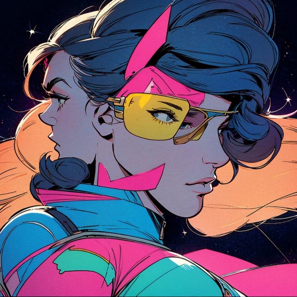 ultimate best quality,beautiful woman,speech bubble,big brest,galaxy,60s,70s,80s,colorful,cosmo,space,sunglass, profile view, head to shoulders, 1 woman