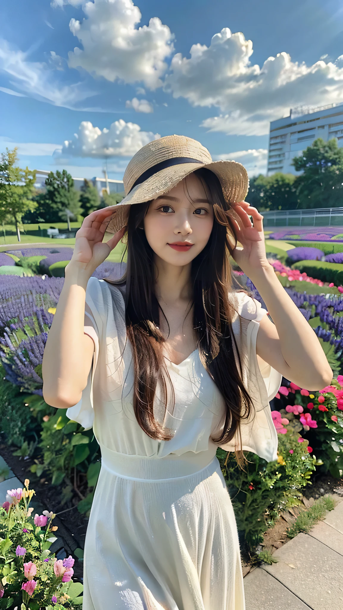 (8K、RAW photography、Highest quality、masterpiece:1.2)、(Realistic、Photorealistic:1.37)、Ultra-high resolution、One Girl、cute、solo, Browsing Caution,Highest quality,masterpiece,8K,Droopy eyes,Big Breasts,Beautiful breasts, In the lavender field, Model Shooting Locations, Sexy pose, Wearing a white dress, Highly detailed face, Highly detailed lips, Fine grain, double eyelid, Exquisite detail and subtle sparkle, Photograph her in poses that reflect both grace and confidence, Enhance visual effects with cinema lighting. Use modern 2D design for the background, Create beautiful, balanced compositions. Enhance the scene with elements such as depth of field, bloom effect, And a touch of sparkle, Add a dreamy texture to the overall image. Pay close attention to detail