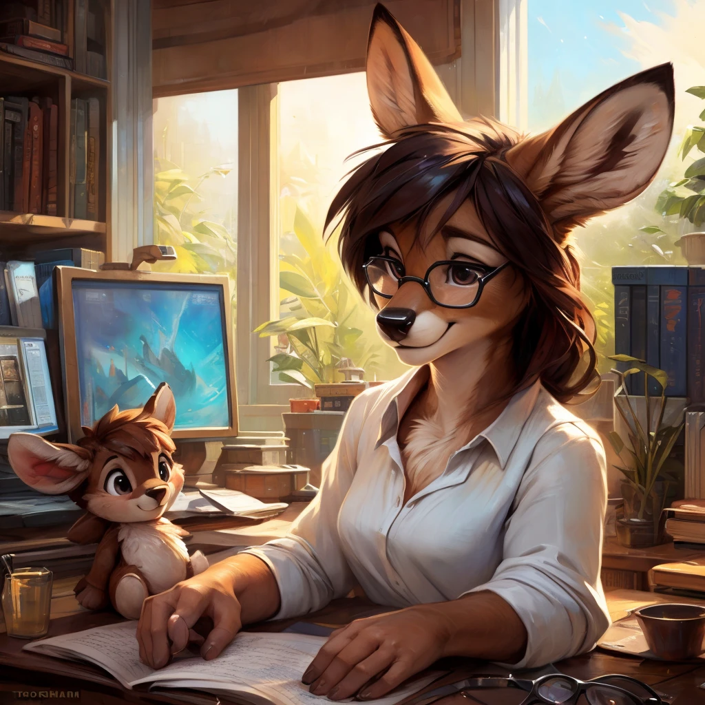 uploaded on e621, by Pixelsketcher, by Bayard Wu, by Thomas Benjamin Kennington , by Einshelm, by hioshiru and kenket, Chunie, portrait, solo anthro female deer doe, with small featureless breasts, clear dark blue, cinematic lighting, day, sunny day, Workspace, sitting at a desk, Workspace background, shiny, shoulder long curly dark brown hair, wears big black nerd glasses, very very beautiful furry art, furry art, smiling, joyful, shiny, happy, feminine, cute face, muzzle, fluffy chest, flawless face, Fallow deer, 1girl, Sakimichan is beautiful, Masterpiece, Wavethesallow Face, shiny, Detailed image, portrait, Detailed image, portrait, full body, wearing wide, long, white blouse, shiny, realistic face, perfect anatomy, hourglass body, (furry body:1.1), anthropomorphic deer, small fluffy tail, detailed background, (cute anatomy:1.1), smiling, very happy, happy, focused on work, sewing a plushie