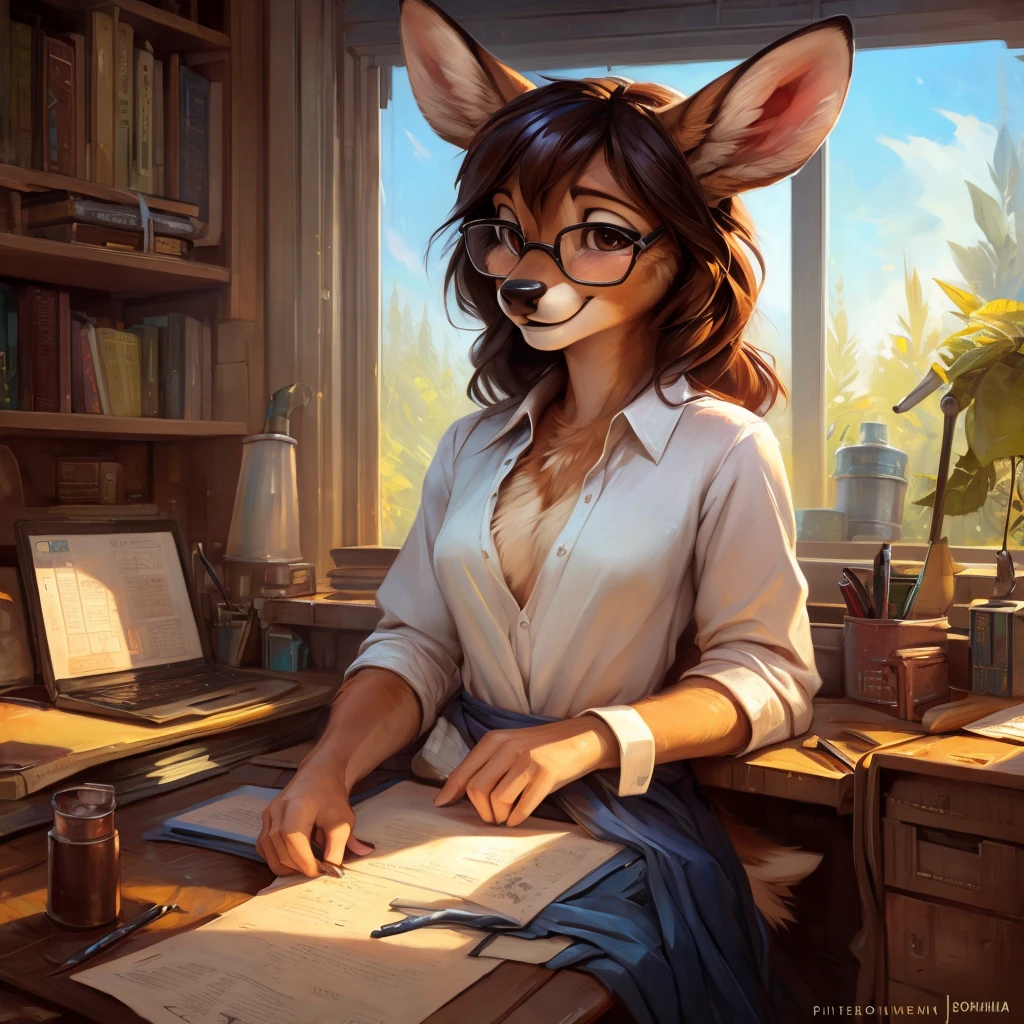 uploaded on e621, by Pixelsketcher, by Bayard Wu, by Thomas Benjamin Kennington , by Einshelm, by hioshiru and kenket, Chunie, portrait, solo anthro female deer doe, with small featureless breasts, clear dark blue, cinematic lighting, day, sunny day, Workspace, sitting at a desk, Workspace background, shiny, shoulder long curly dark brown hair, wears big black nerd glasses, very very beautiful furry art, furry art, smiling, joyful, shiny, happy, feminine, cute face, muzzle, fluffy chest, flawless face, Fallow deer, 1girl, Sakimichan is beautiful, Masterpiece, Wavethesallow Face, shiny, Detailed image, portrait, Detailed image, portrait, full body, wearing wide, long, white blouse, shiny, realistic face, perfect anatomy, hourglass body, (furry body:1.1), anthropomorphic deer, small fluffy tail, detailed background, (cute anatomy:1.1), smiling, very happy, happy, focused on work, sewing a plushie
