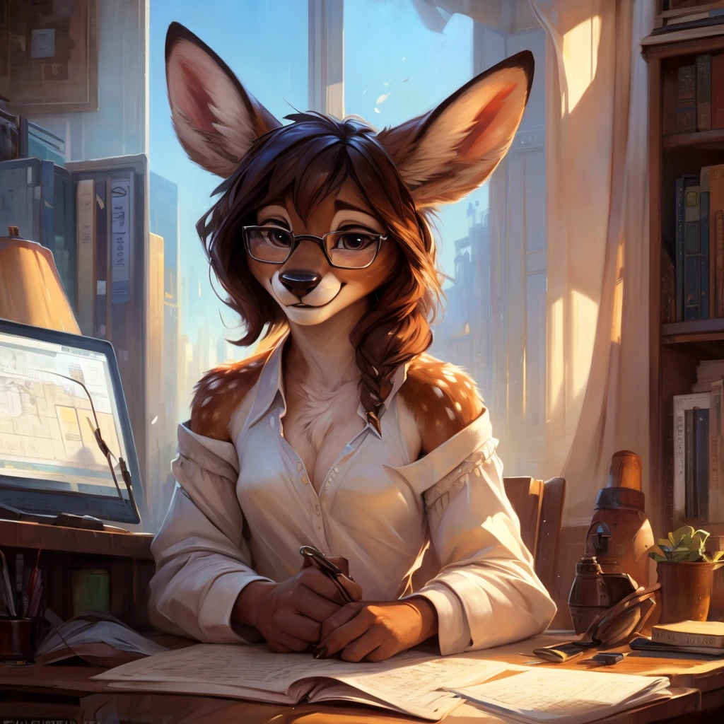 uploaded on e621, by Pixelsketcher, by Bayard Wu, by Thomas Benjamin Kennington , by Einshelm, by hioshiru and kenket, Chunie, portrait, solo anthro female deer doe, with small featureless breasts, clear dark blue, cinematic lighting, day, sunny day, Workspace, sitting at a desk, Workspace background, shiny, shoulder long curly dark brown hair, wears big black nerd glasses, very very beautiful furry art, furry art, smiling, joyful, shiny, happy, feminine, cute face, muzzle, fluffy chest, flawless face, Fallow deer, 1girl, Sakimichan is beautiful, Masterpiece, Wavethesallow Face, shiny, Detailed image, portrait, Detailed image, portrait, full body, wearing wide, long, white blouse, shiny, realistic face, perfect anatomy, hourglass body, (furry body:1.1), anthropomorphic deer, small fluffy tail, detailed background, (cute anatomy:1.1), smiling, very happy, happy, focused on work, sewing a plushie