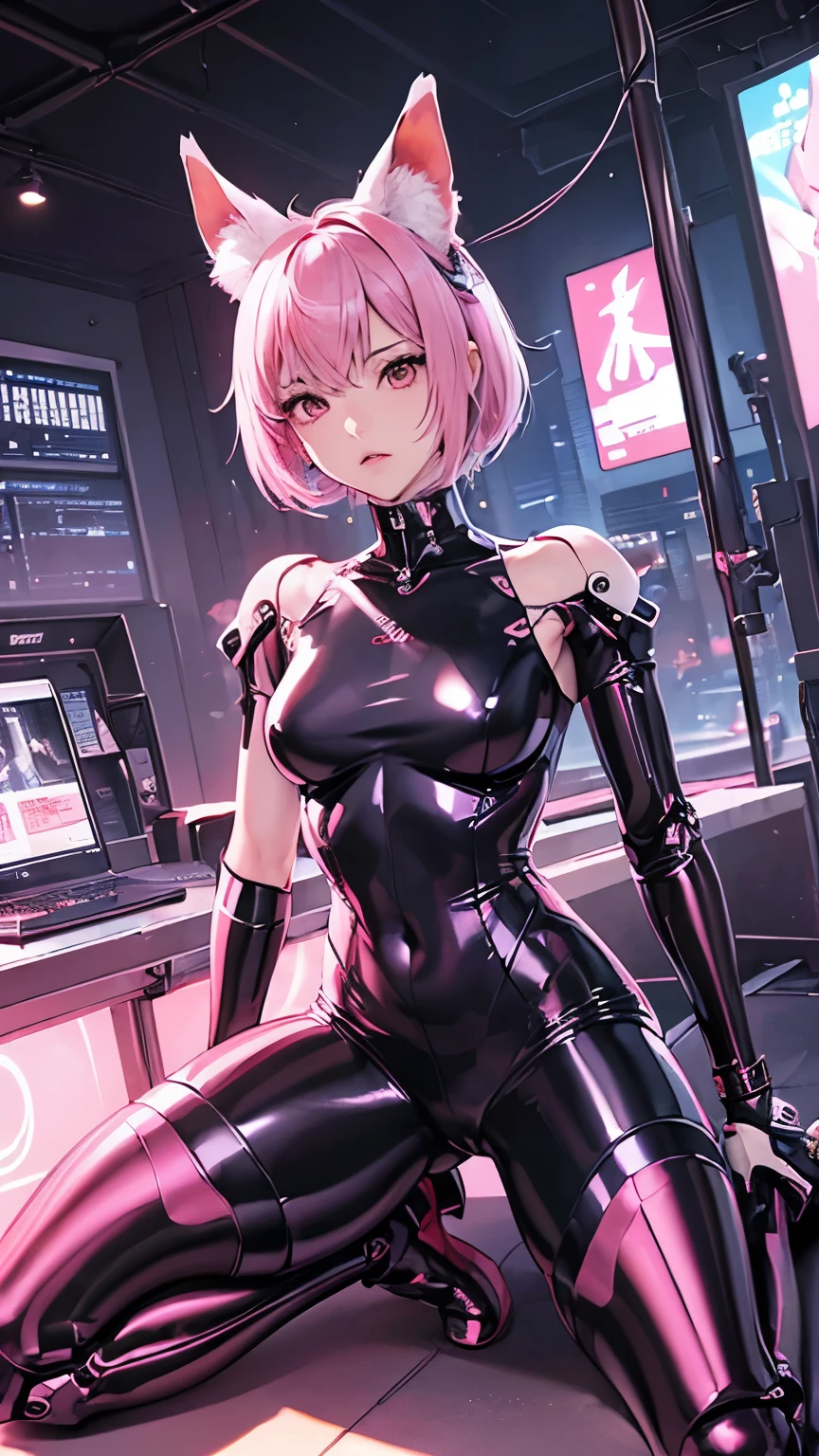 whole body像,(((masterpiece))), (((best quality))), ((Extremely detailed)), (CG Illustrations), ((Extremely cunning and beautiful)),(Cute desktop face),light ,((1.Mechanical Girl)),solo,whole body恋,(Mechanical joints:1.4),((Mechanical limbs)),(explosive muscles),(The blood vessels that connect the tubes),(A brain in a container:1.3), ((Mechanical vertebrae are mounted on the back)),((Mechanical cervical spine installed on the neck)),((Take a seat)),Poker face,(Wires and cables are connected to the head and body:1.5),Large Breasts,Short and delicate hair,(character focus),novel(RAW photos:1.2),Pink latex bodysuit,Hollow,Holt Collar, Latex Shiny,Tight Fit,Sweaty legs,Furry cat ears,Fox ears,Pink body, wearing atsuko kudo Latex clothing, 穿着Tight Fit衣, Smooth pink skin, Tight Fit连衣裤, wearing latex, shining塑料, shining金属光泽皮肤, Pink light color, Latex clothing, 镀铬Tight Fit衣, Cyberpunk glossy latex set, shining, Futuristic Glossy Latex Suit,Open your legs,M-shaped legs Angry expression Depressed angry, whole body,