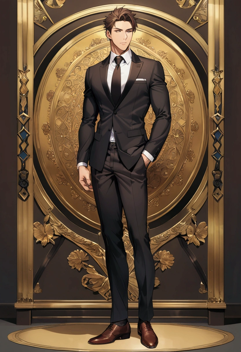 attractive 30 year old athletic man with short brown hair in Hugo boss business suit, full body shot