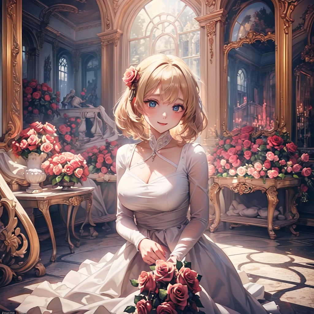 ,Super detailed,Beautiful attention to detail,girl with beautiful eyes, everyone, Beautiful Anime Girls, Cute Anime Girl,  Anime Style, Elegant colors, Soft lighting, Delicate and beautiful wet eyes, Very coquettish, (Beautiful big breasts:1.2), (The right move:1.2)(Highest quality)), ((masterpiece)), ((Super detailed)), (Very delicate and beautiful),(Rose fractal art:1.5),Beautiful girl, Fine grain,Abstract and mysterious girl, Long blonde hair,Pink Dress, Dreamy swirls of pastel colors and soft light, Evokes a sense of serene serenity and elusive beauty,Attention to detail,Captivating smile,Imaginative,In a room with flowers,Cowboy Shot、A charming Western alley、Gothic architecture、Western architecture、Fantasy World、