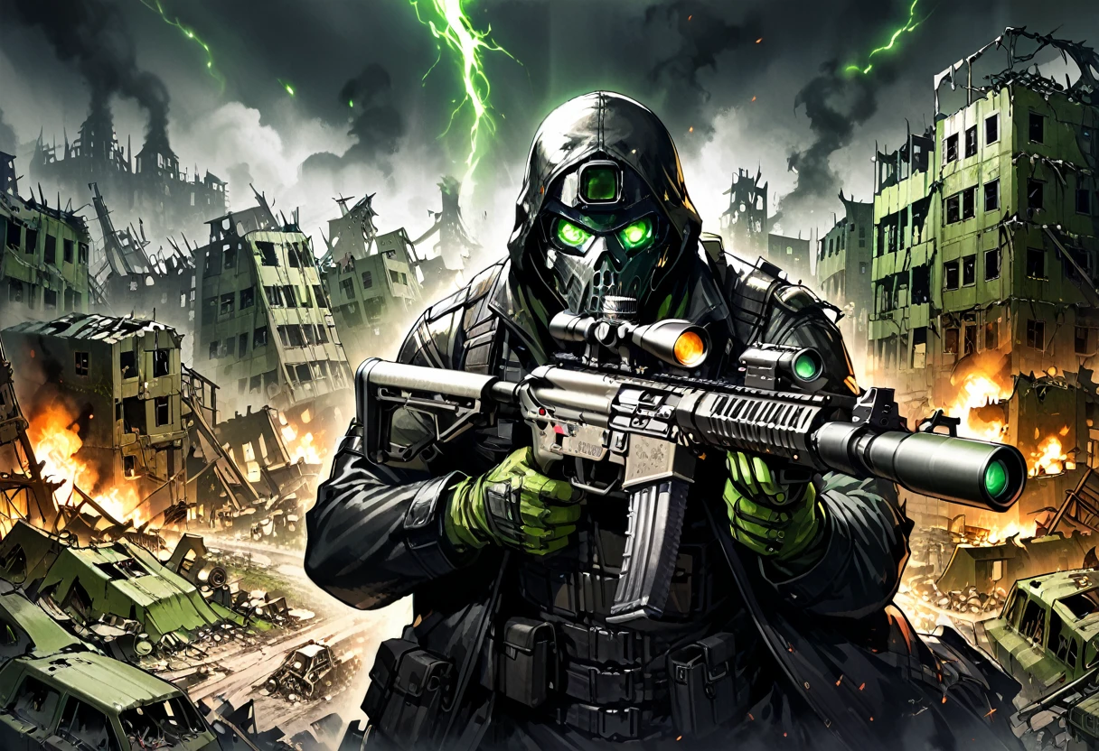 1man, russian, 40 years old, Character Design and Doomsday, Details, glowing steelgreen eyes, detailsTextured Skin, Night vision devices, Black leather coat, Tactical masks, Holding a gun, aim action,(aim:1.2), Modified firearm, modify heavy firearms, ((destroyed town, apocalypses town,)