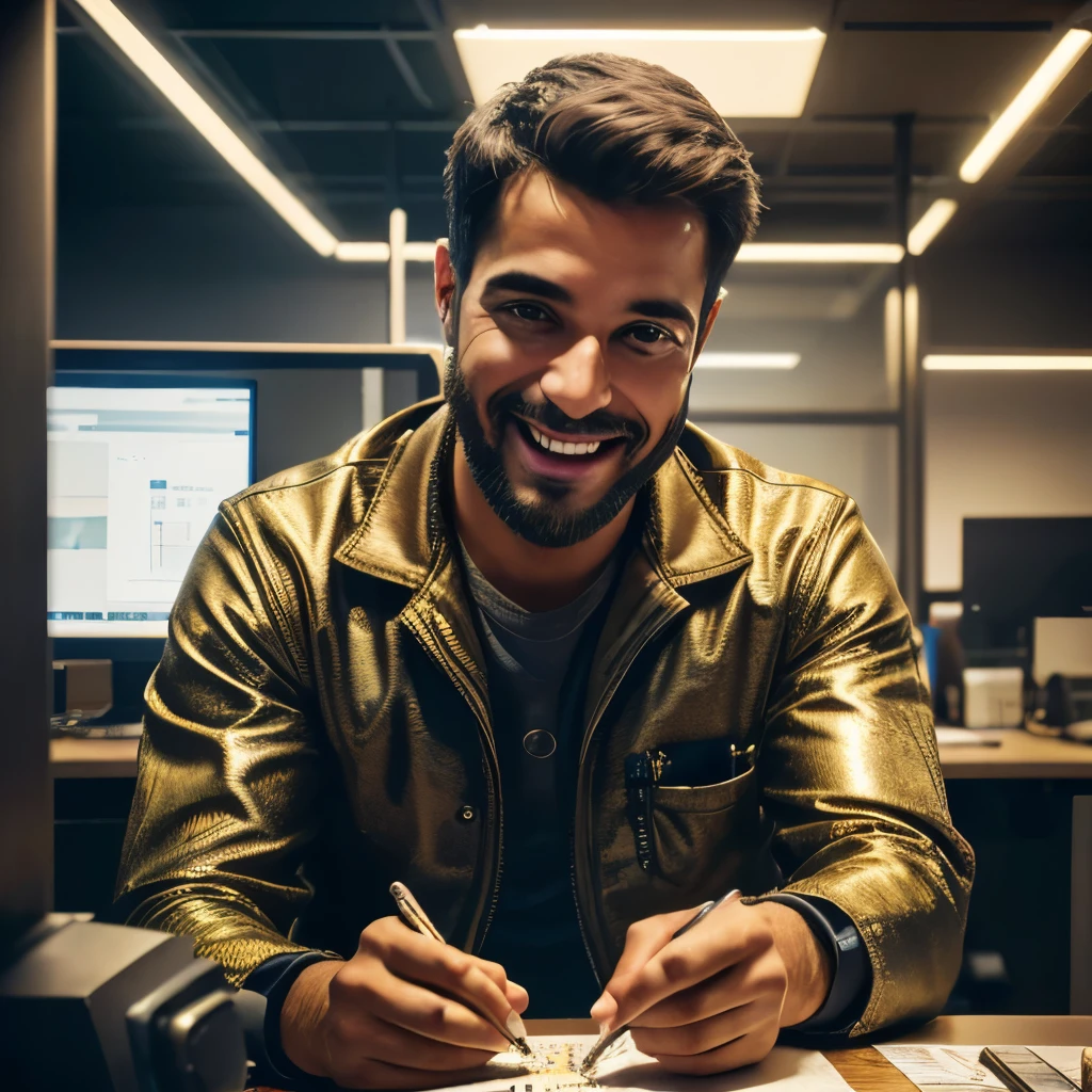 a Electrical Engineer man working in a office, cheerful expression, several small birds, detailed facial features, detailed eyes and face, intricate automation machinery, metallic textures, warm lighting, photorealistic, 8k, detailed description, cinematic, hyper-realistic, masterpiece