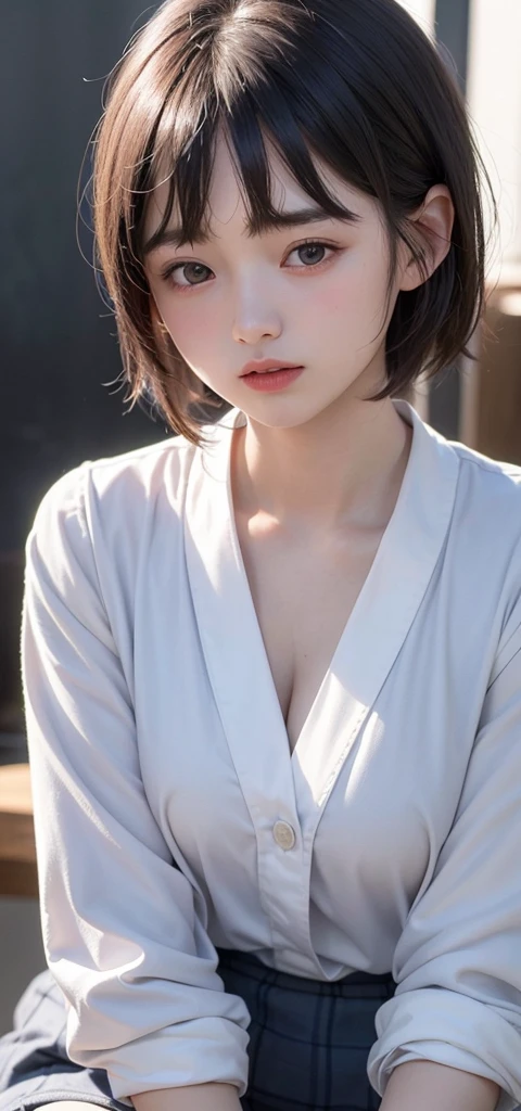 (1 nogizaka girl,15years old face,raw photo,photo realistic:1.5),(best quality, high quality,HDR, highest quality,ultra high resolution,high resolution,high res,ultra high difinition,huge file size,8K,2K wallpaper,8K wallpaper,high quality texture,amazing,an extremely delicate:1.4),one girl, Japanese famous idol,cute face,small face,absurd,ridiculous,incredibly ridiculous,blurry background,(school uniform,sailor suit,short hair,cleavage,no makeup:1.2),medium skin,beautiful skin,detailed skin,black hair,silky hair,black eyes,Japanese nose,5-fingers,(Light Particles, Lens Flare, Luminous Particles: 0.7),looking at viewer,bright lighting,professional lighting,girl