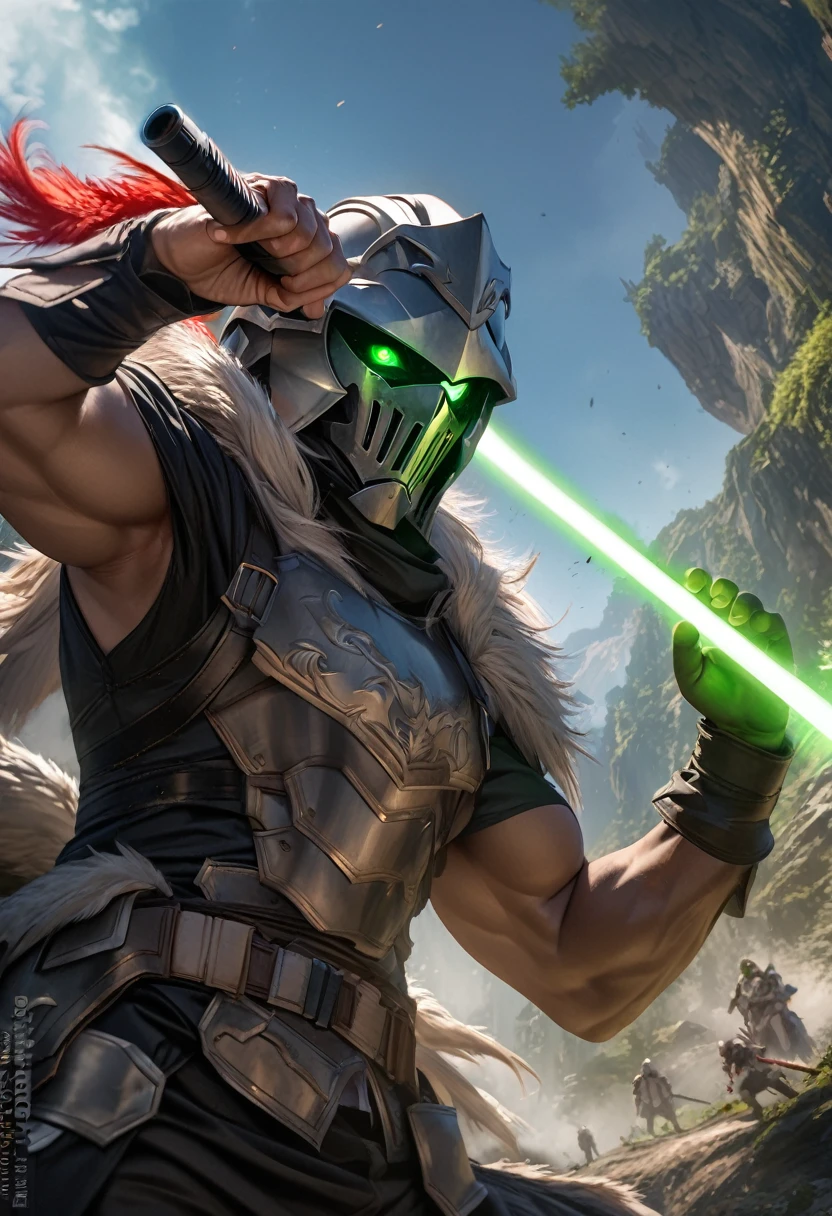 perfect hands, perfect finger,perfect anatomy, masterpiece, best quality,realistic, hyperrealistic, 16k hdr,1 muscular man,,goblin slayer, armor, full face helmet, green glowing eye, plume, fur collar, (Light saber:1.2),fantasy world,outdoor,fighting pose,dynamic pose,upper body,dynamic angle,from below