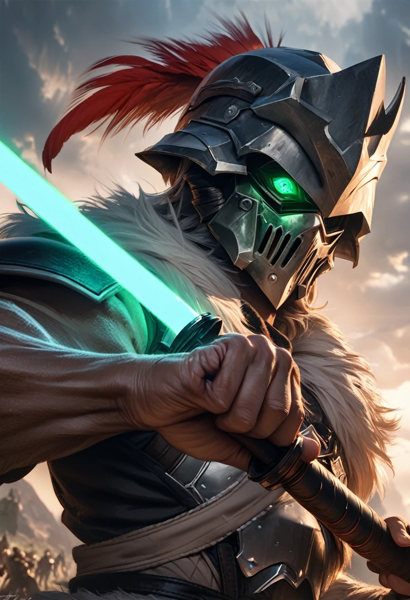 perfect hands, perfect finger,perfect anatomy, masterpiece, best quality,realistic, hyperrealistic, 16k hdr,1 muscular man,,goblin slayer, armor, full face helmet, green glowing eye, plume, fur collar, (Light saber:1.2),fantasy world,outdoor,fighting pose,dynamic pose,upper body,dynamic angle,from below