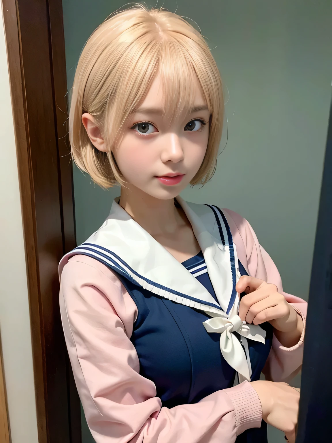 (masterpiece:1.3)、Very fine finish、(High resolution、8K:1.3)、(Highest quality)、(Ultra-realistic as a photo:1.3)、Correct limbs、Anatomically correct, The face is in focus、(Face close-up:1.3)、 Ultra High Resolution Face、The face is in focus、Ultra high definition and beautiful eyes、Concentrated eyes、Eyes are symmetrical:1.3、High quality and beautiful skin、Firm Skin、Ultra HD Hair Texture、Japanese women、20-year-old、bionde、Short Bob Cut、very cute, Half Up:1.3, high school girl、high school girl break (A short-sleeved navy blue high school girl's uniform、Short-sleeved sailor suit:1.3), (Embarrassing:1.3), (blush:1.3), (Troubled expression:1.3), Mr..々Shooting angle:1.3, View your viewers, Browsing Caution, Licking fingers、Red Wall、smile