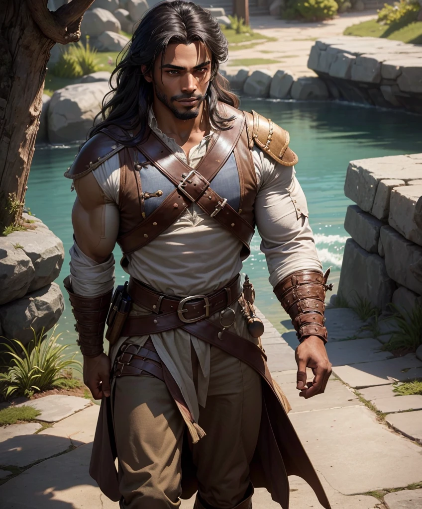 (((Single character image.))) (((1boy))) (((Dressed in medieval swashbuckler attire.))) (((Shoulder length hair))) (((Dark clothing.))) (((African American male.))) (((Dark skin tone.))) This is a dashing male adventurer in a high fantasy setting.((front view)) (full body), (((muscular male, bodybuilder))), , (((Sexy smirk.))) thick epic, heroic, tanned, perfect face, (detailed facial features), cute smile, outdoor setting, highly detailed, volumetric light, artstation, strong erotic overtones, dressed in a puffy shirt and pirate vest flirty, best quality:1.0,hyperealistic:1.0,photorealistic:1.0,madly detailed CG unity 8k wallpaper:1.0,masterpiece:1.3,madly detailed photo:1.2, hyper-realistic lifelike texture:1.4, picture-perfect:1.0,8k, HQ,best quality:1.0,