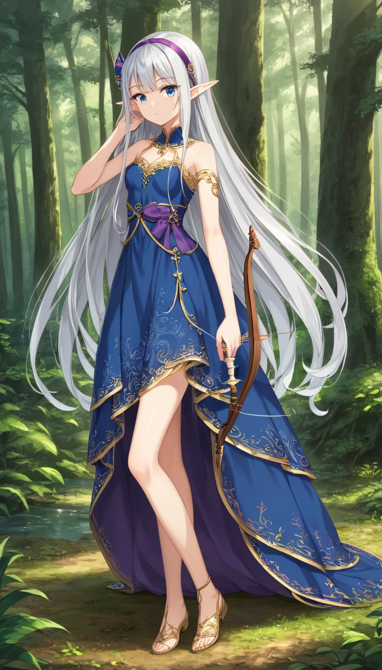 ((silver hair)), highly detailed face and eyes, (very long hair, straight hair), jewelry, purple hairband, long pointy ears, anime, masterpiece, textured skin, (super detail), award winning, (best quality), elf, in forest, Sunbeams filtering through the trees, (blue dress), whole body, beautiful legs, hunting, bow and arrow, eyeball, tsurime, blue eyes