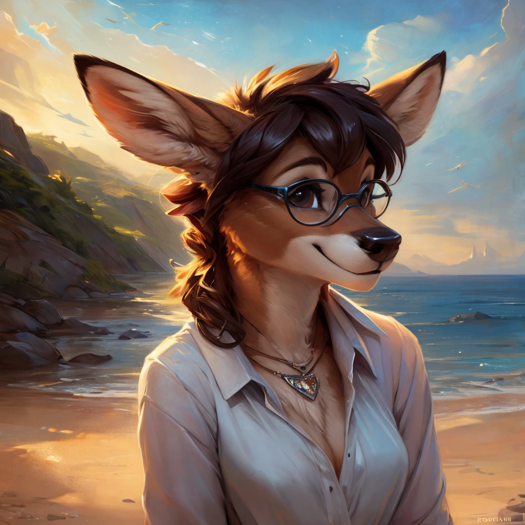 uploaded on e621, by Pixelsketcher, by Bayard Wu, by Thomas Benjamin Kennington , by Einshelm, by hioshiru and kenket, Chunie, portrait, solo anthro female deer doe, with small featureless breasts, clear dark blue, cinematic lighting, day, sunny day, beach, stays in the sea, sea background, mediterranean background, horizon background, shiny, short curly dark brown hair, wears big black nerd glasses, very very beautiful furry art, furry art, smiling, joyful, shiny, happy, feminine, cute face, muzzle, fluffy chest, flawless face, Fallow deer, 1girl, Sakimichan is beautiful, Masterpiece, Wavethesallow Face, shiny, Detailed image, portrait, Detailed image, portrait, full body, wearing wide, long, white blouse, shiny, realistic face, perfect anatomy, hourglass body, (furry body:1.1), anthropomorphic deer, small fluffy tail, detailed background, (cute anatomy:1.1), windy, smiling, very happy, happy