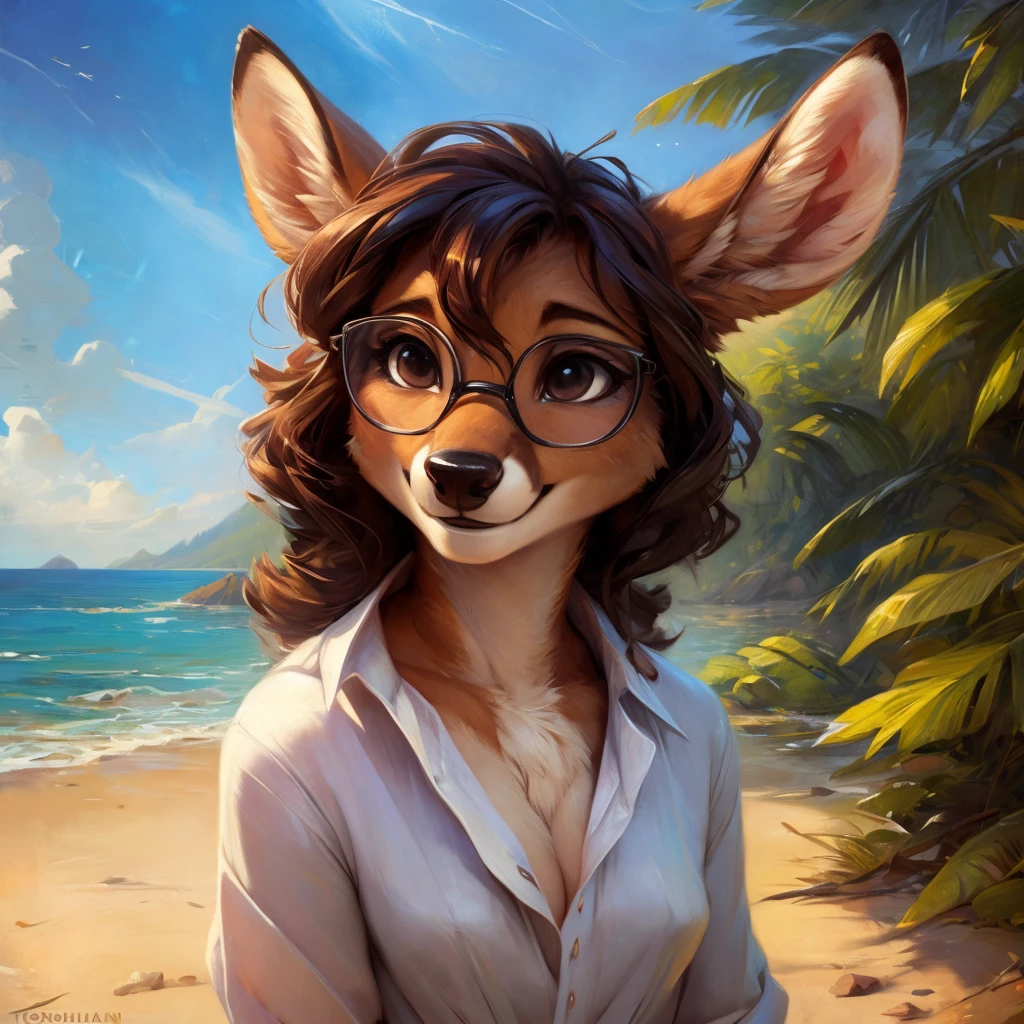 uploaded on e621, by Pixelsketcher, by Bayard Wu, by Thomas Benjamin Kennington , by Einshelm, by hioshiru and kenket, Chunie, portrait, solo anthro female deer doe, with small featureless breasts, clear dark blue, cinematic lighting, day, sunny day, beach, stays in the sea, sea background, mediterranean background, horizon background, shiny, short curly dark brown hair, wears big black nerd glasses, very very beautiful furry art, furry art, smiling, joyful, shiny, happy, feminine, cute face, muzzle, fluffy chest, flawless face, Fallow deer, 1girl, Sakimichan is beautiful, Masterpiece, Wavethesallow Face, shiny, Detailed image, portrait, Detailed image, portrait, full body, wearing wide, long, white blouse, shiny, realistic face, perfect anatomy, hourglass body, (furry body:1.1), anthropomorphic deer, small fluffy tail, detailed background, (cute anatomy:1.1), windy, smiling, very happy, happy