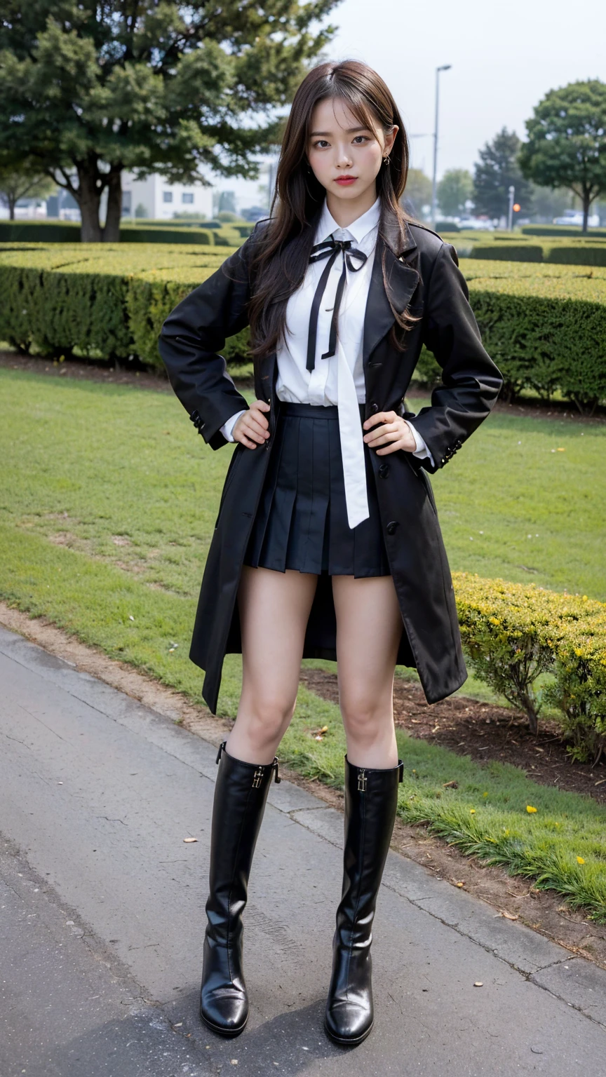 (8K、RAW Photos、Highest quality、masterpiece:1.2)、(Highest quality、Realistic)、1 Girl、((Black coat、tights、black and white mini skirt、Thin legs、whole body、boots、garden、View from the front、Looking into the camera、Idol Costume、、Stand with hands on hips))、cute