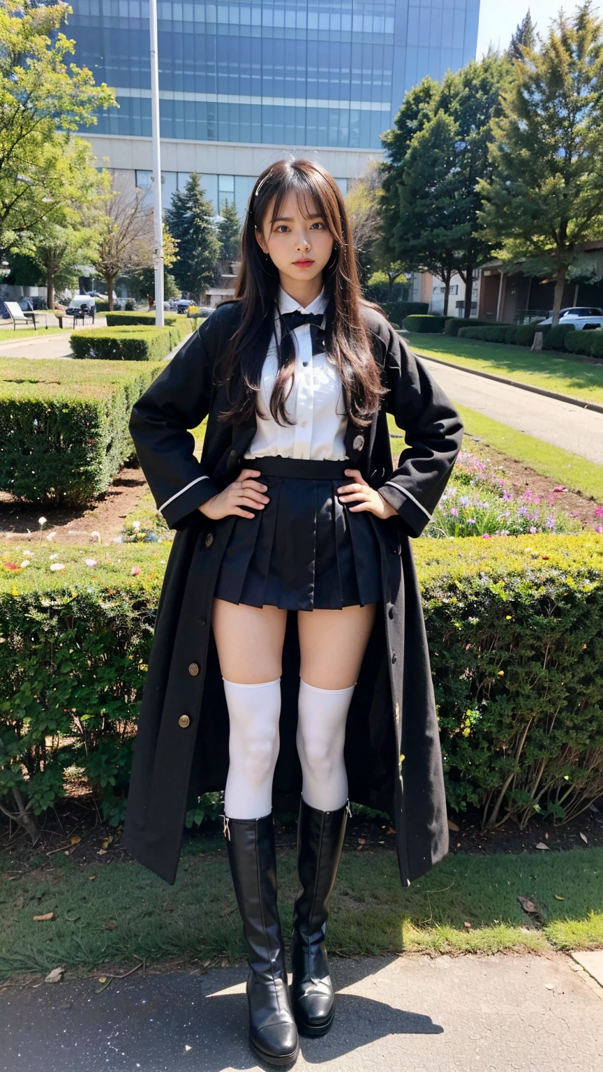 (8K、RAW Photos、Highest quality、masterpiece:1.2)、(Highest quality、Realistic)、1 Girl、((Black coat、tights、black and white mini skirt、Thin legs、whole body、boots、garden、View from the front、Looking into the camera、Idol Costume、、Stand with hands on hips))、cute