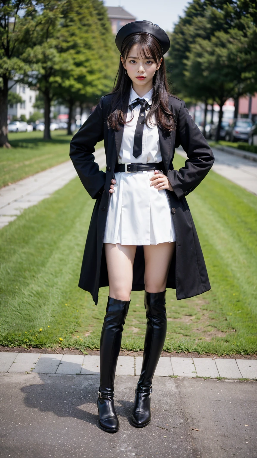 (8K、RAW Photos、Highest quality、masterpiece:1.2)、(Highest quality、Realistic)、1 Girl、((Black coat、tights、black and white mini skirt、Thin legs、whole body、boots、garden、View from the front、Looking into the camera、Idol Costume、、Stand with hands on hips))、cute