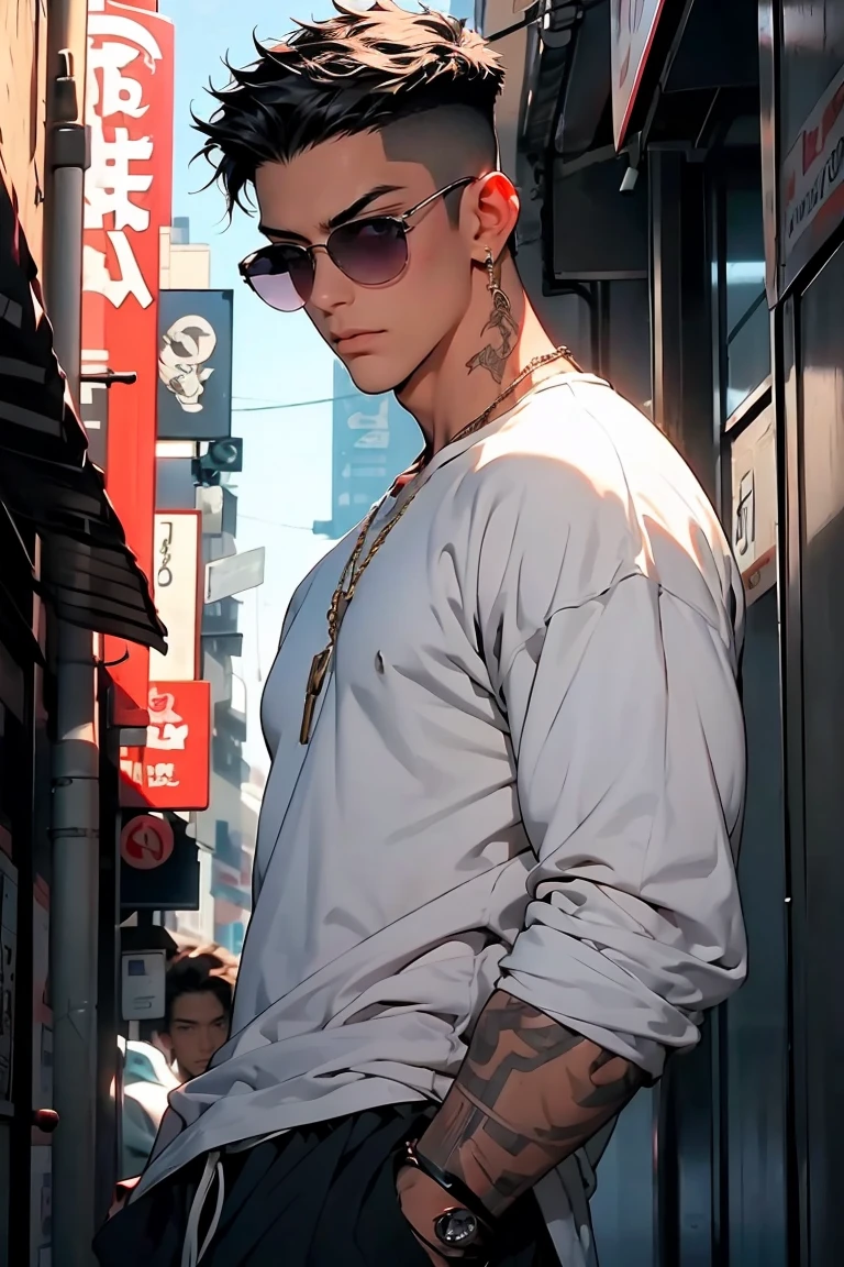 highest quality, 8K, high resolution image, anime style Jujutsu Kaisen, detailed strokes, slightly tanned skin, blurry, purple light reflecting from it, (close angle), 1 man, young, male, model, cool guy, muscular, shaved body, smile, blue Eyes, brown very short hair, brown hair, short hair, hairstyle: undercut, hair slicked back, swollen chest, He is wearing a white t-shirt, a link chain, sunglasses, black sweatpants, a hand in his pocket, a gold link chain, sunglasses. background: City, big city streets