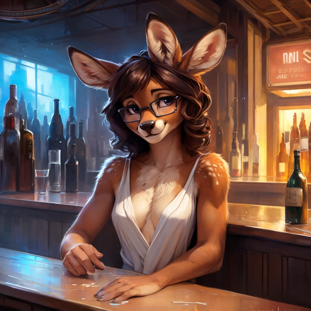 uploaded on e621, by Pixelsketcher, by Bayard Wu, by Thomas Benjamin Kennington , by Einshelm, by hioshiru and kenket, Chunie, portrait, solo anthro female deer doe, tiny featureless breasts, tiny breasts, clear dark blue, cinematic lighting, sitting on a bar counter, sitting inside at a party bar, night club background, shiny, short curly dark brown hair, shoulder length hair, wears big black nerd glasses, very very beautiful furry art, furry art, thoughtful, shiny, feminine, cute face, muzzle, fluffy chest, flawless face, Fallow deer, 1girl, Sakimichan is beautiful, Masterpiece, Wavethesallow Face, shiny, Detailed image, Detailed background, portrait, Detailed image, portrait, wears pure white wide, big blouse, shiny, realistic face, perfect anatomy, hourglass body, anthropomorphic deer, happy, very happy, small ears, huge black nerd glasses, wide happy eyes, smiles, big smile, holdind a cocktail glass, hourglass body, (furry body:1.1), anthropomorphic deer, small fluffy tail, detailed background, (cute anatomy:1.1), looks into the distance, sexy, sexy look